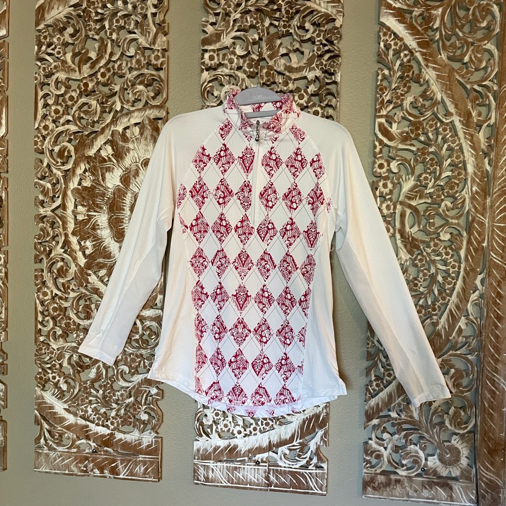 Women's White and Red Patterned Long Sleeve Top
